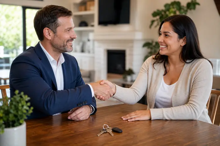 Homeowner and buyer shaking hands at closing